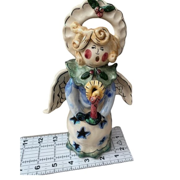 Blue Sky Heather Goldminc Angel Candle Tea Light Holder 2001 Holly Berry - Picture 5 of 7
